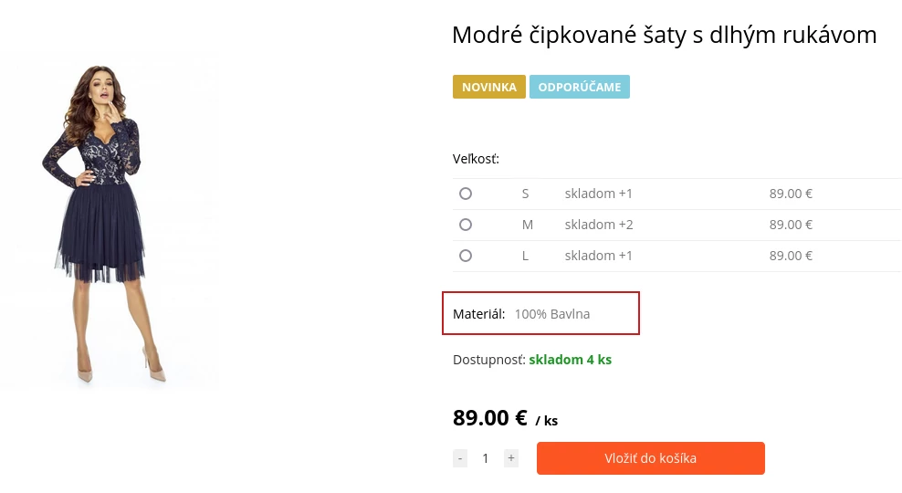 parametre produktu - informačný text na produkte