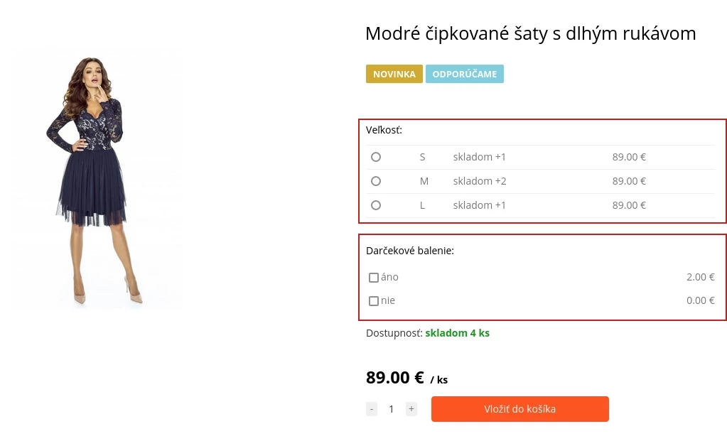 parametre produktu - štandardný parameter s rozdielnou cenou tabuľka